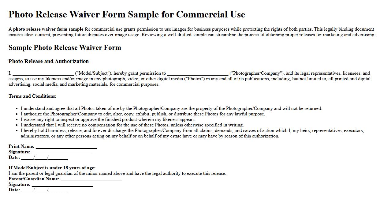 photo release waiver form sample for commercial use image preview