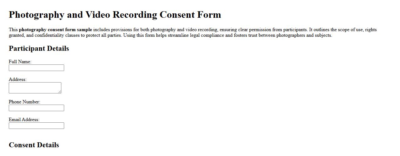 Photography consent form sample including video recording image preview