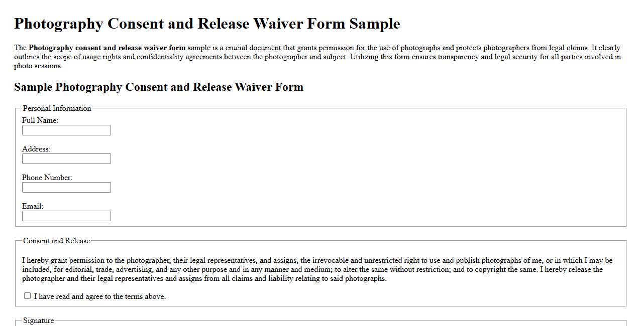 Photography consent and release waiver form sample image preview