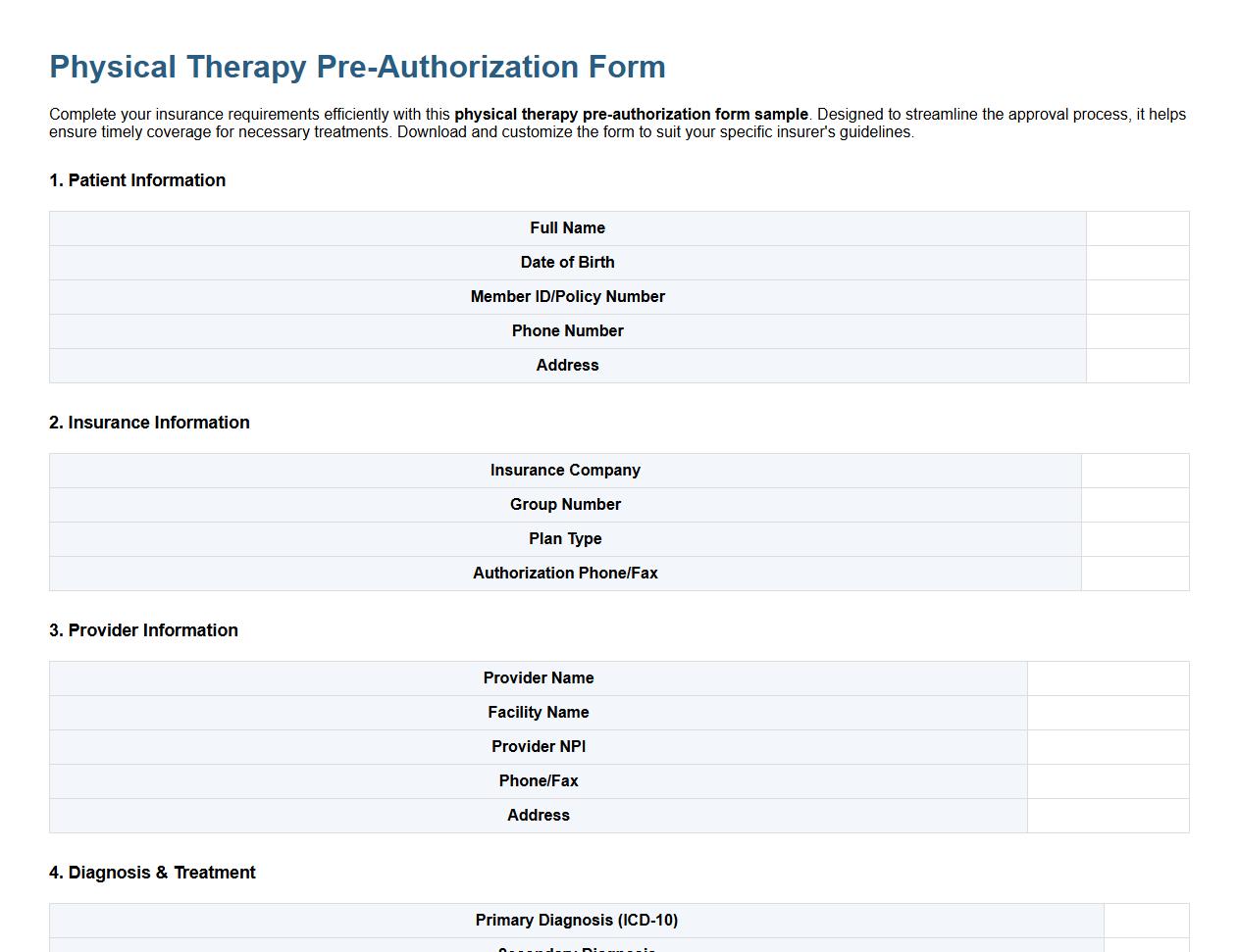 physical therapy pre-authorization form sample for insurance image preview