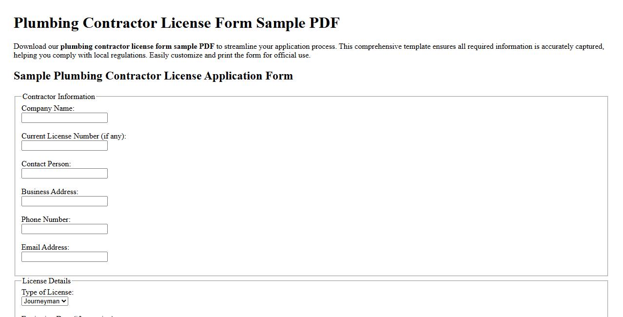 Plumbing contractor license form sample pdf image preview