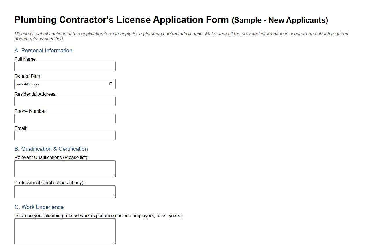 plumbing contractor’s license application form sample for new applicants image preview