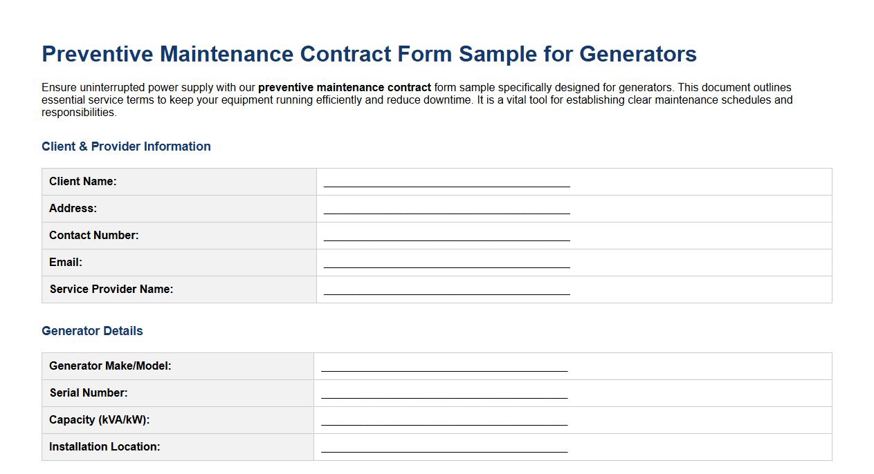 Preventive maintenance contract form sample for generators image preview