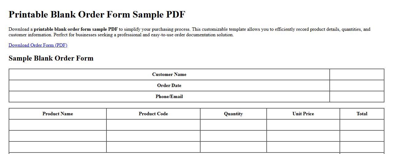 Printable blank order form sample PDF image preview