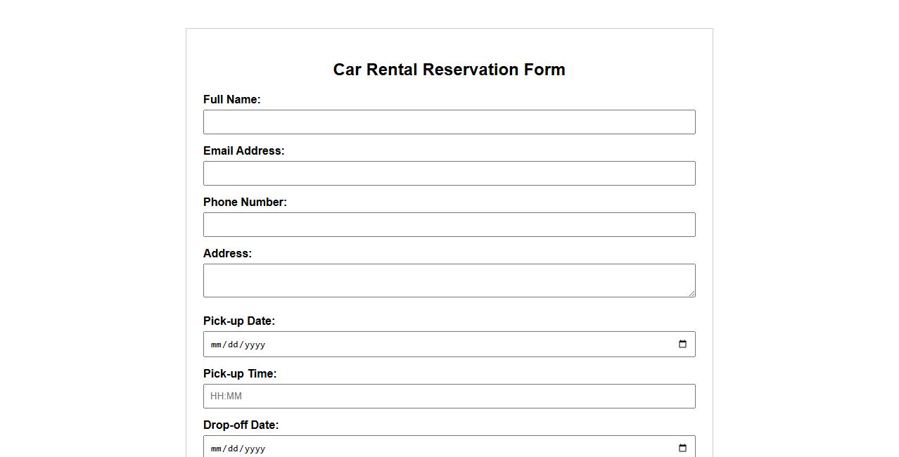 printable car rental reservation form sample image preview