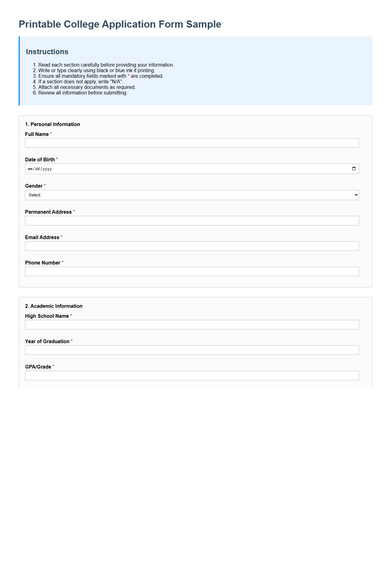 Printable college application form sample with instructions image preview