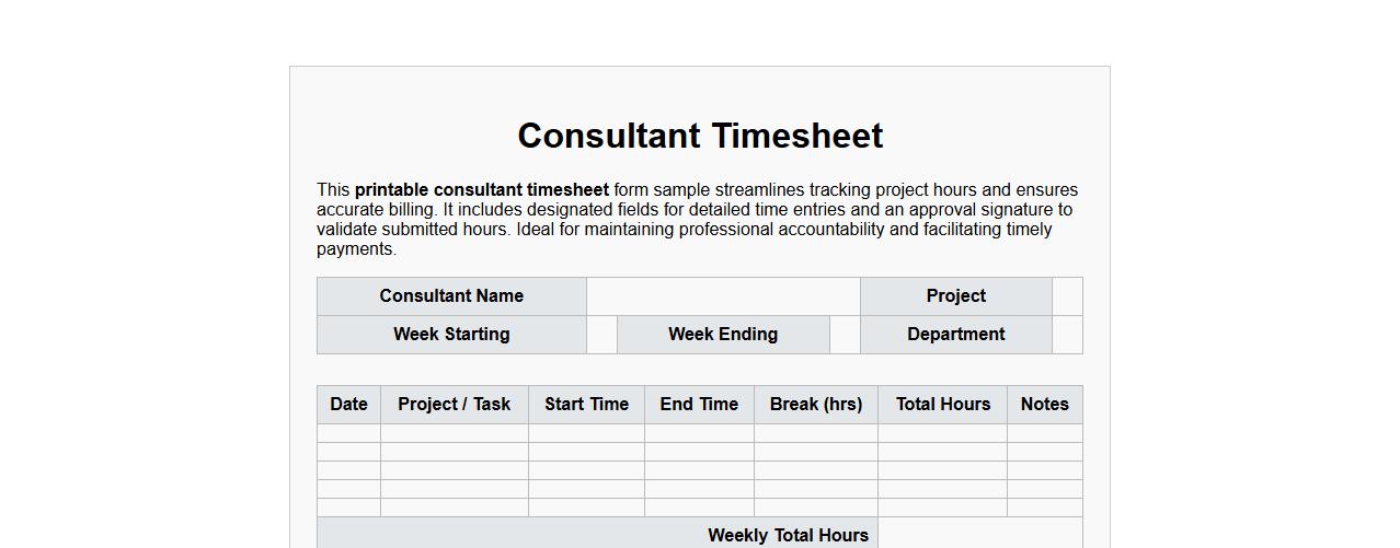 Printable consultant timesheet form sample with approval signature image preview