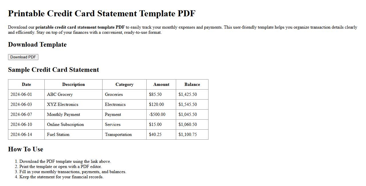 Printable credit card statement template PDF image preview
