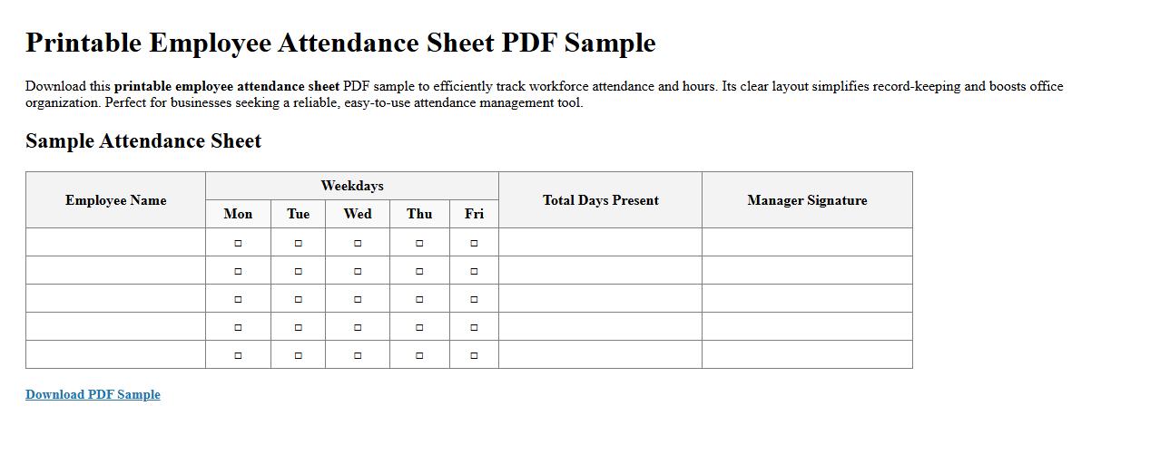 Printable employee attendance sheet PDF sample image preview