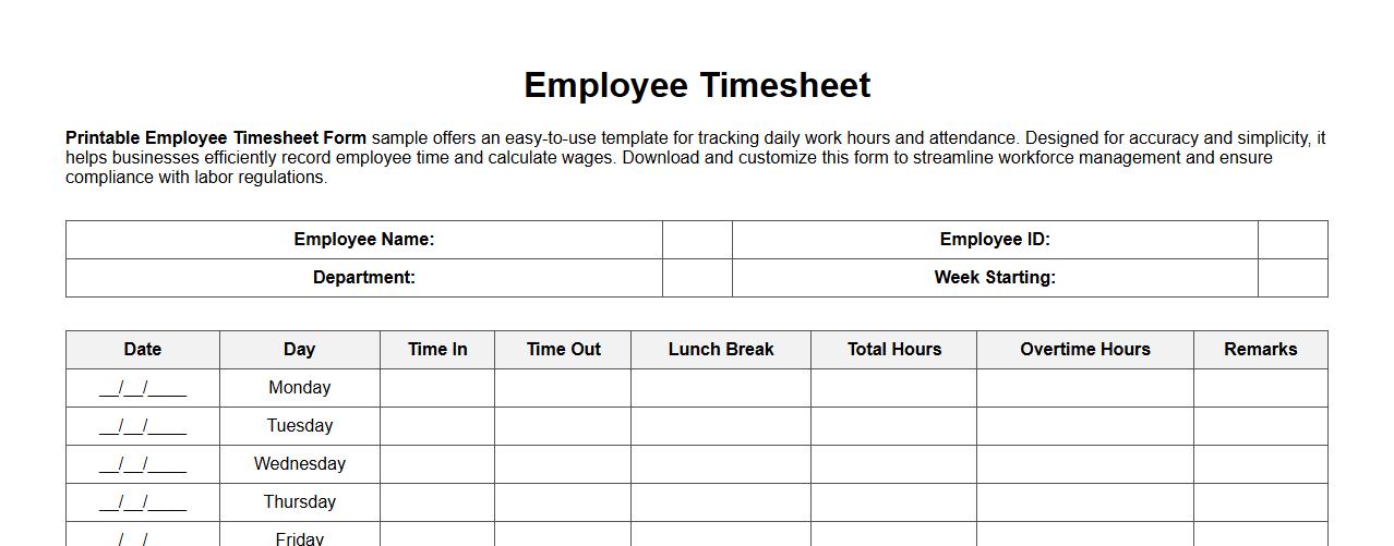 printable employee timesheet form sample image preview