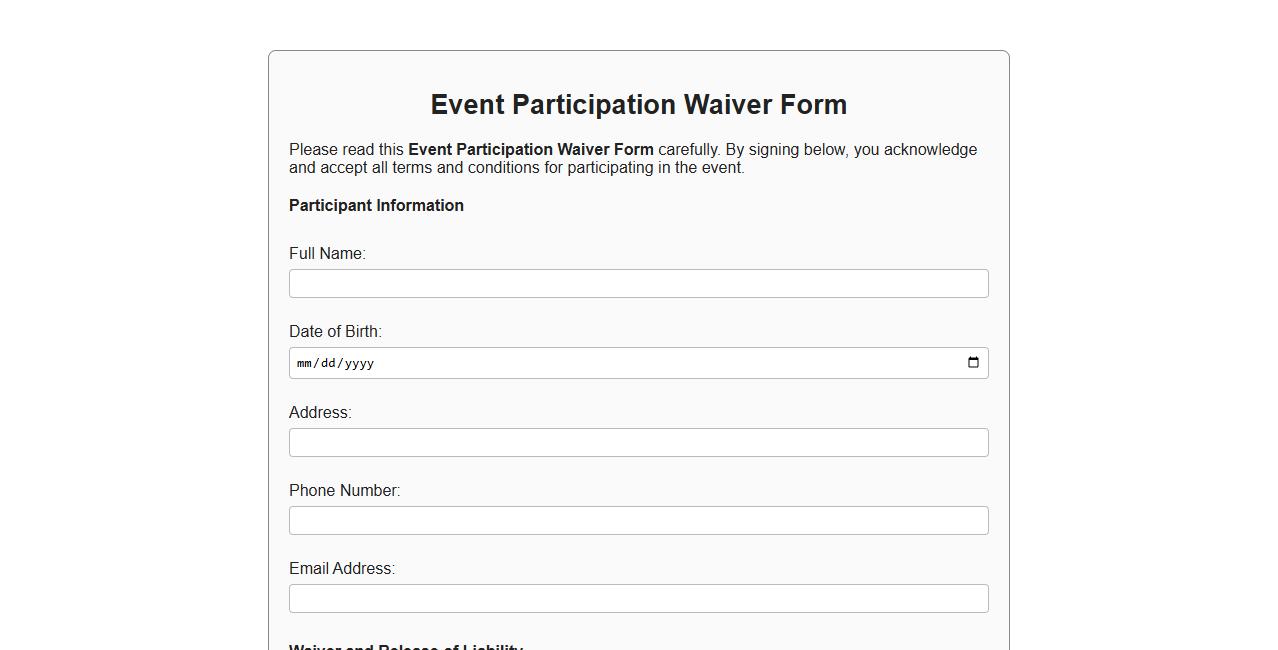 Printable event participation waiver form sample image preview