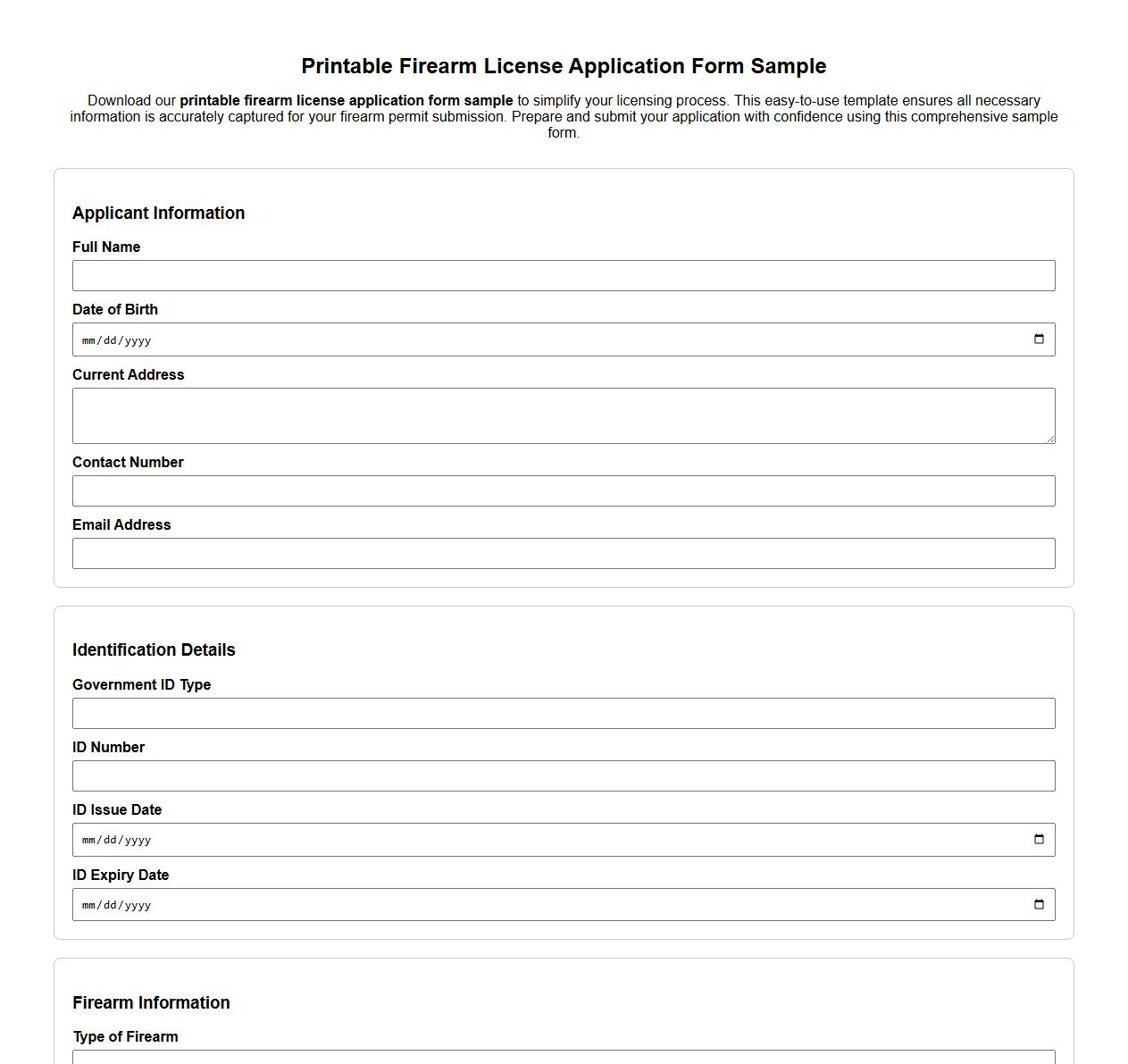 Printable firearm license application form sample image preview