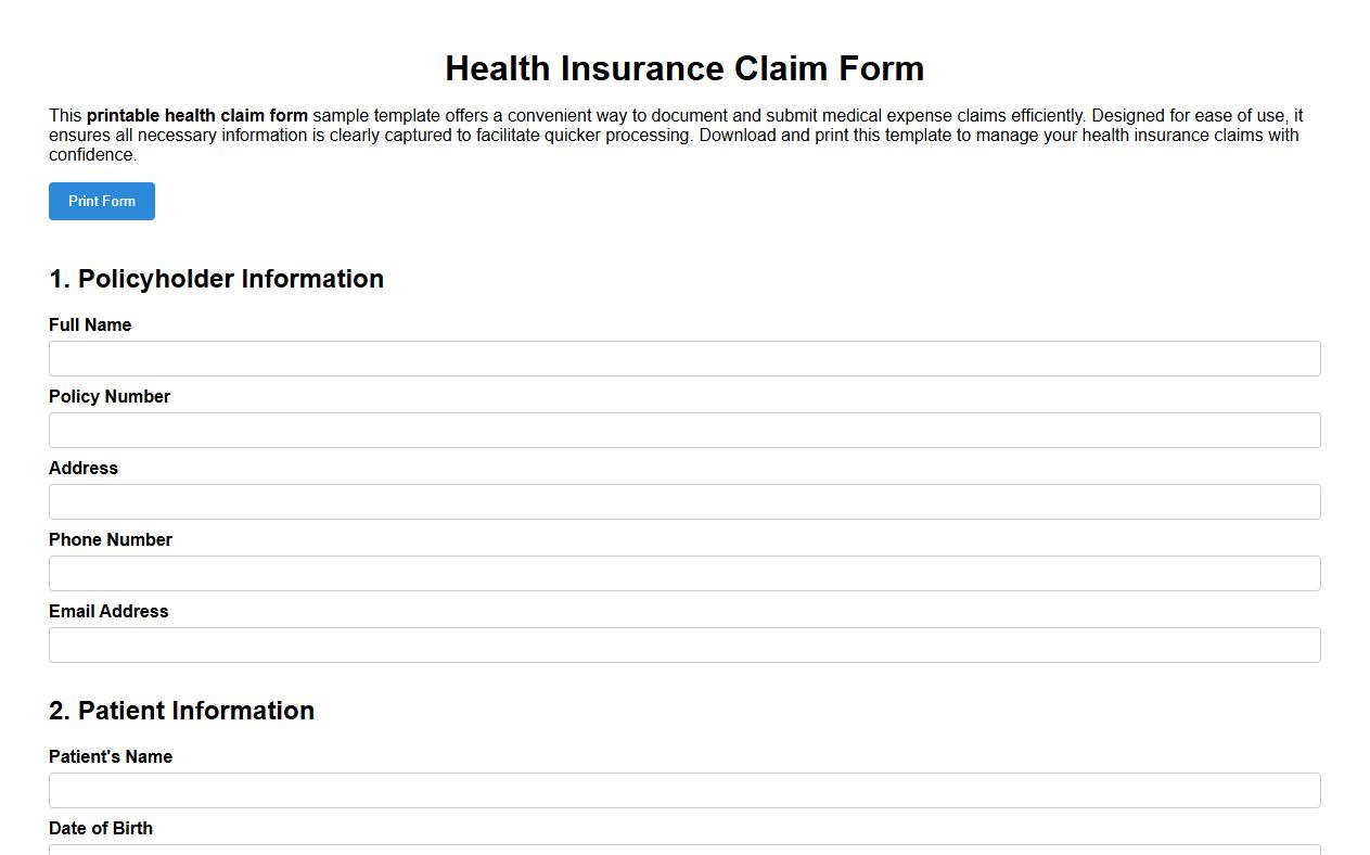 printable health claim form sample template image preview