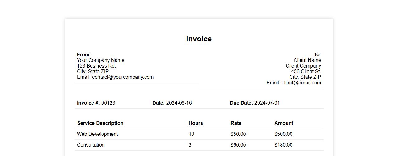 Printable invoice example for hourly work image preview