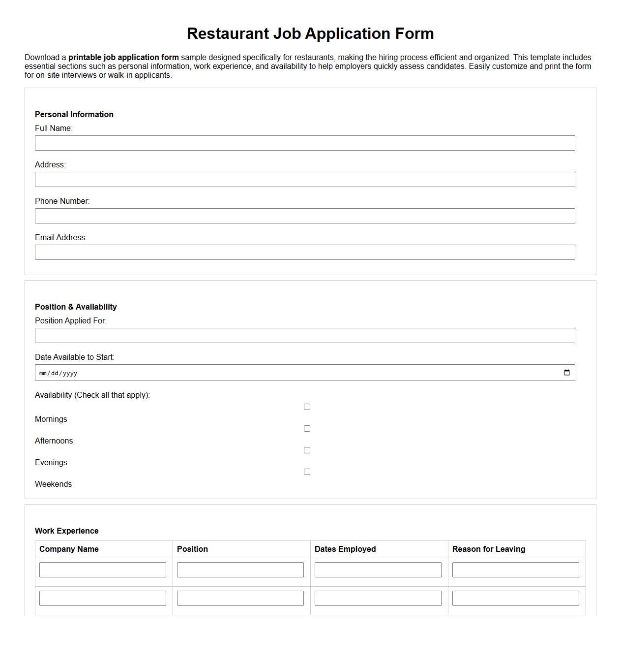 Printable job application form sample for restaurants image preview