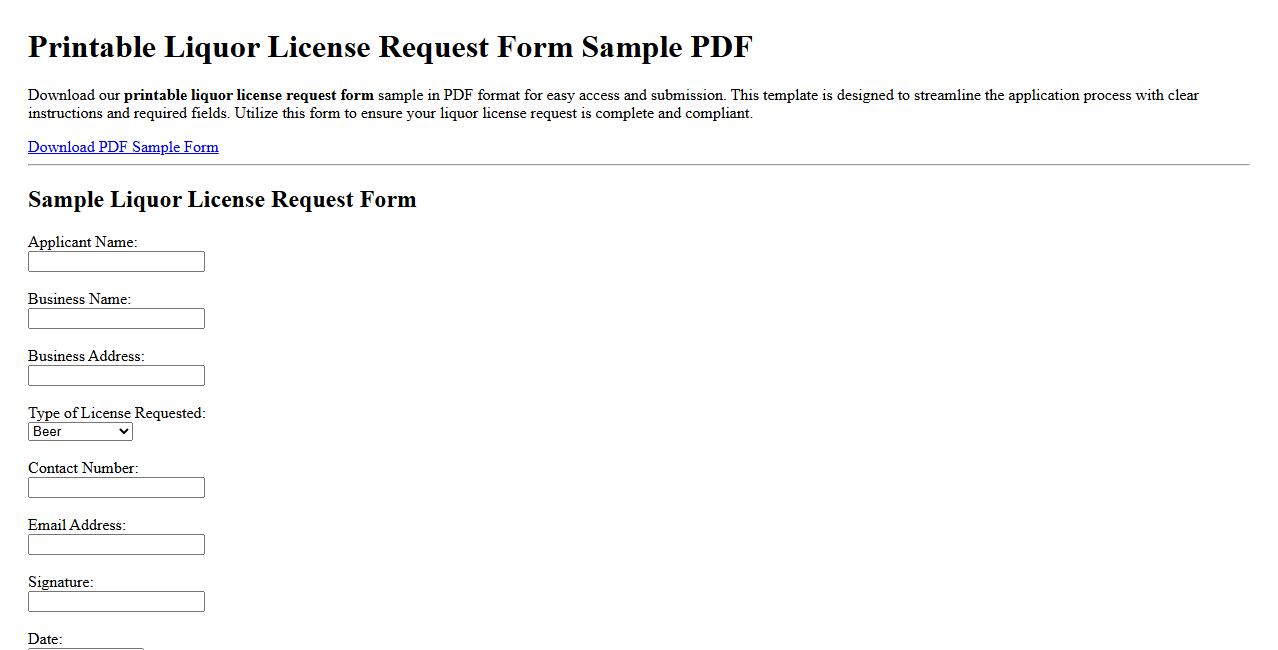 Printable liquor license request form sample PDF image preview