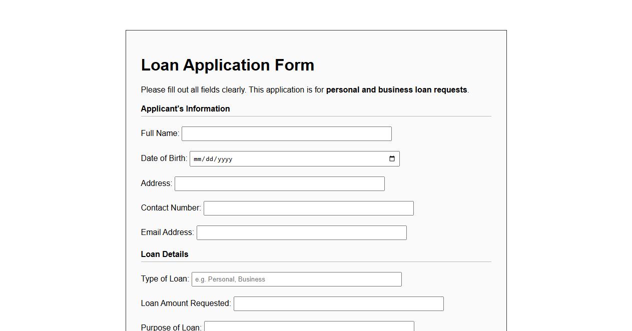 Printable loan application form sample with signature image preview