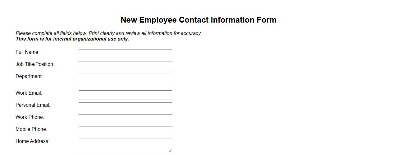 Printable new employee contact information form sample image preview