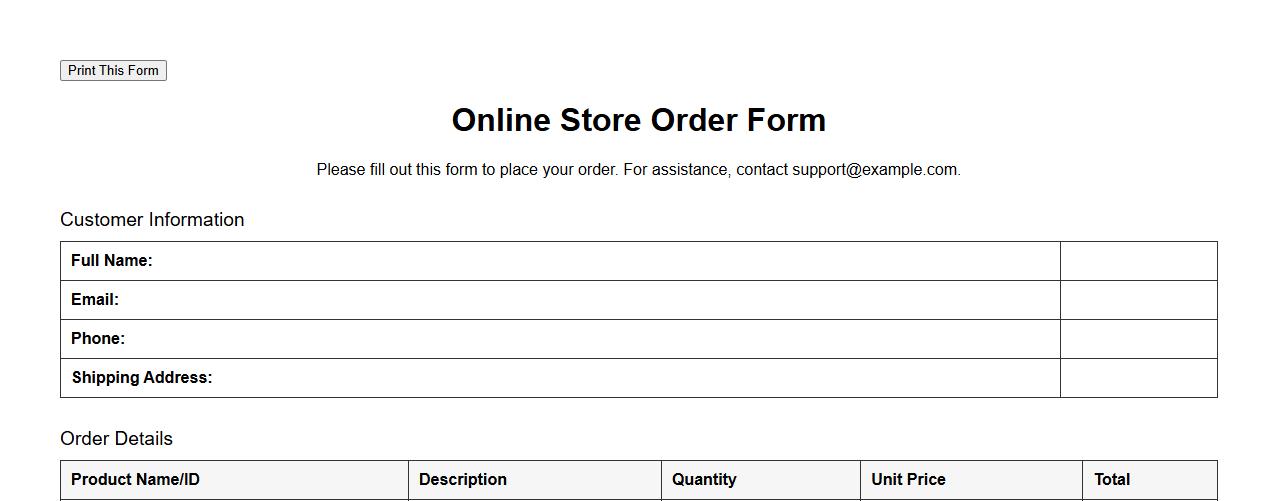 printable order form sample for online store image preview