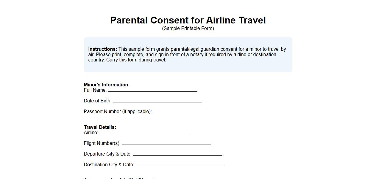printable parental consent for airline travel form sample image preview