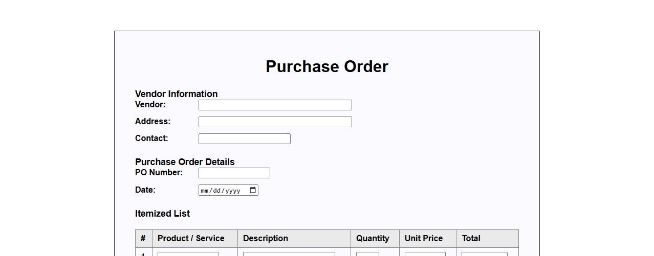 Printable purchase order form sample with itemized list image preview