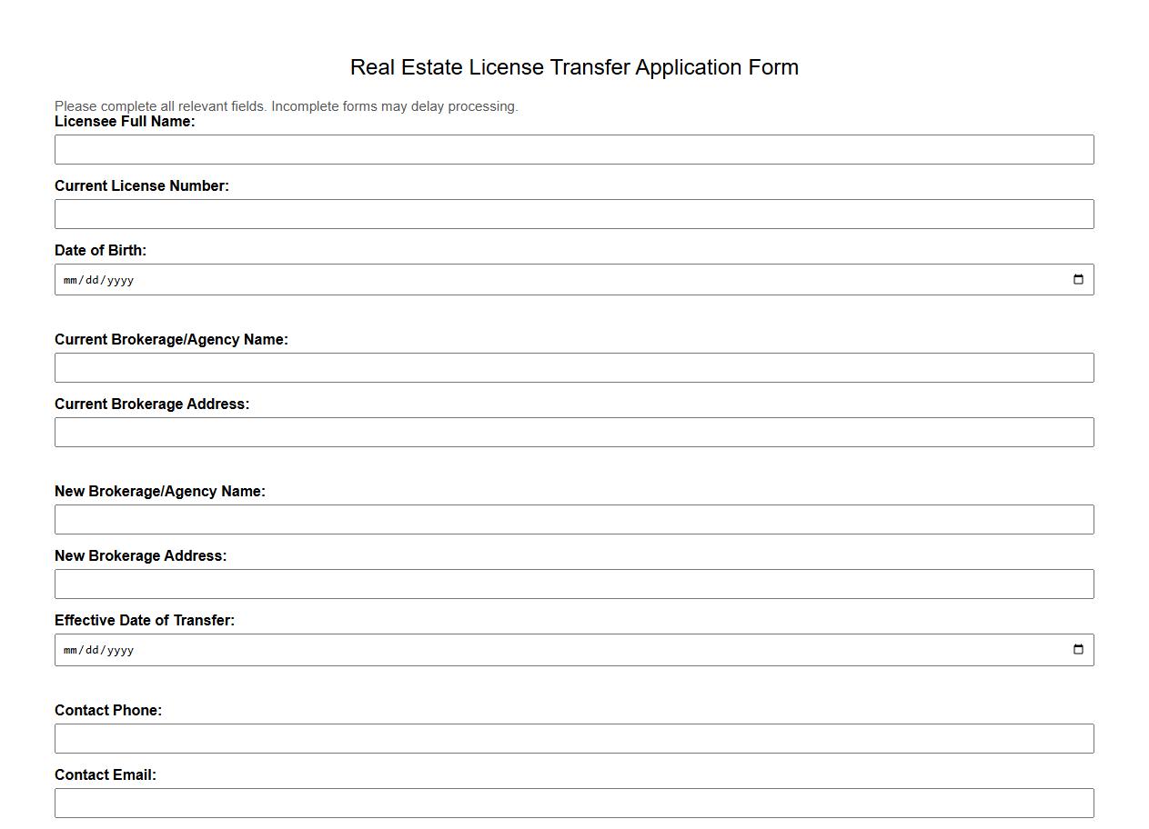 Printable real estate license transfer application form example image preview