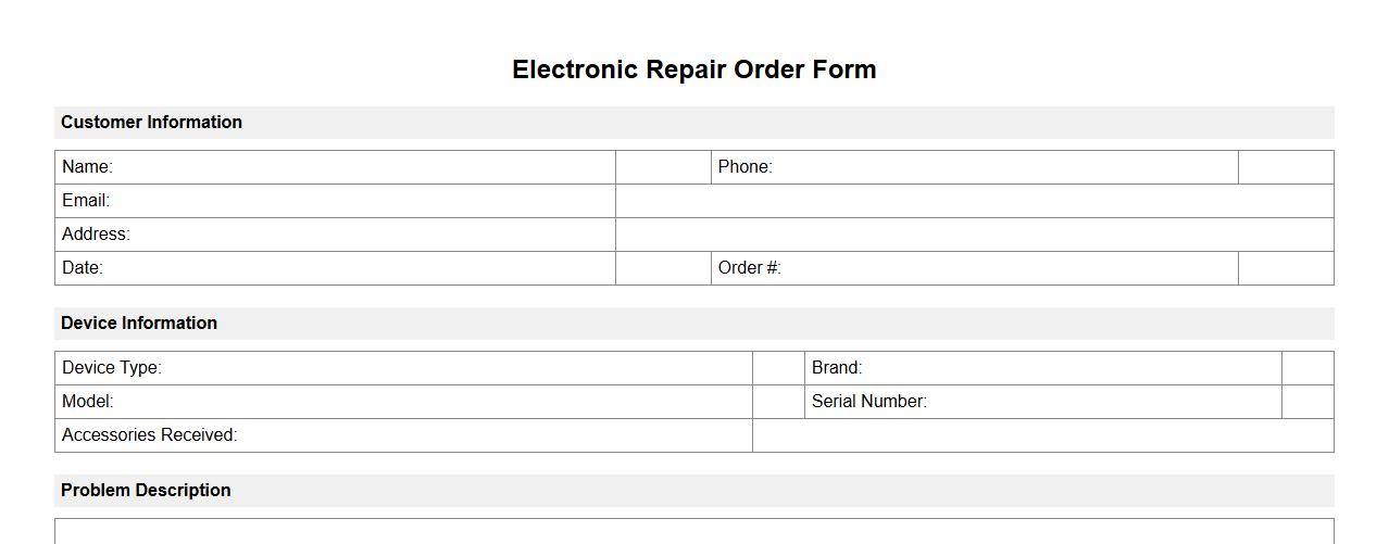 printable repair order form sample for electronics image preview