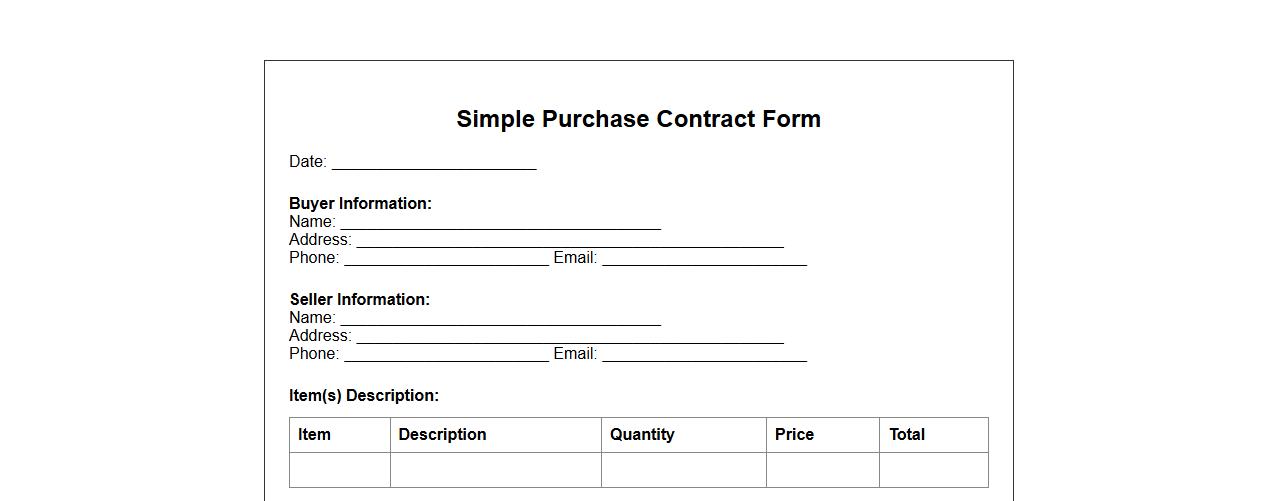 Printable simple purchase contract form sample image preview
