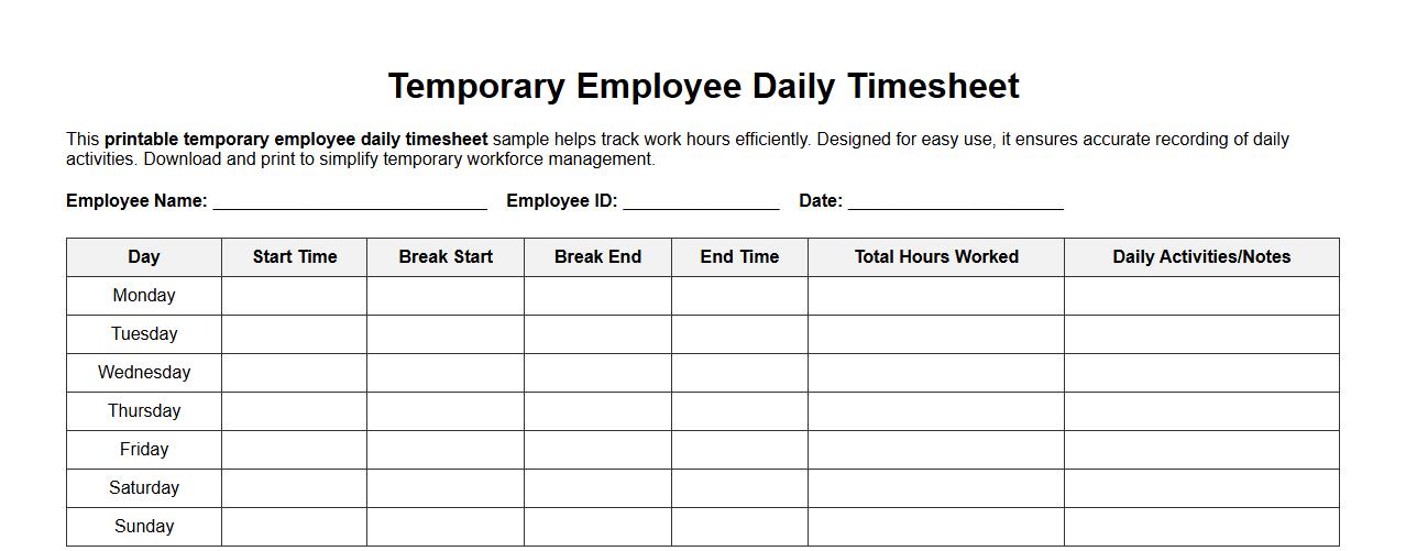 printable temporary employee daily timesheet sample image preview