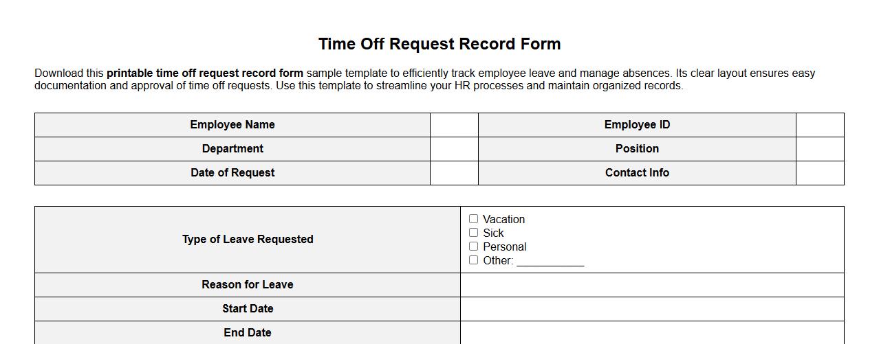 printable time off request record form sample template image preview