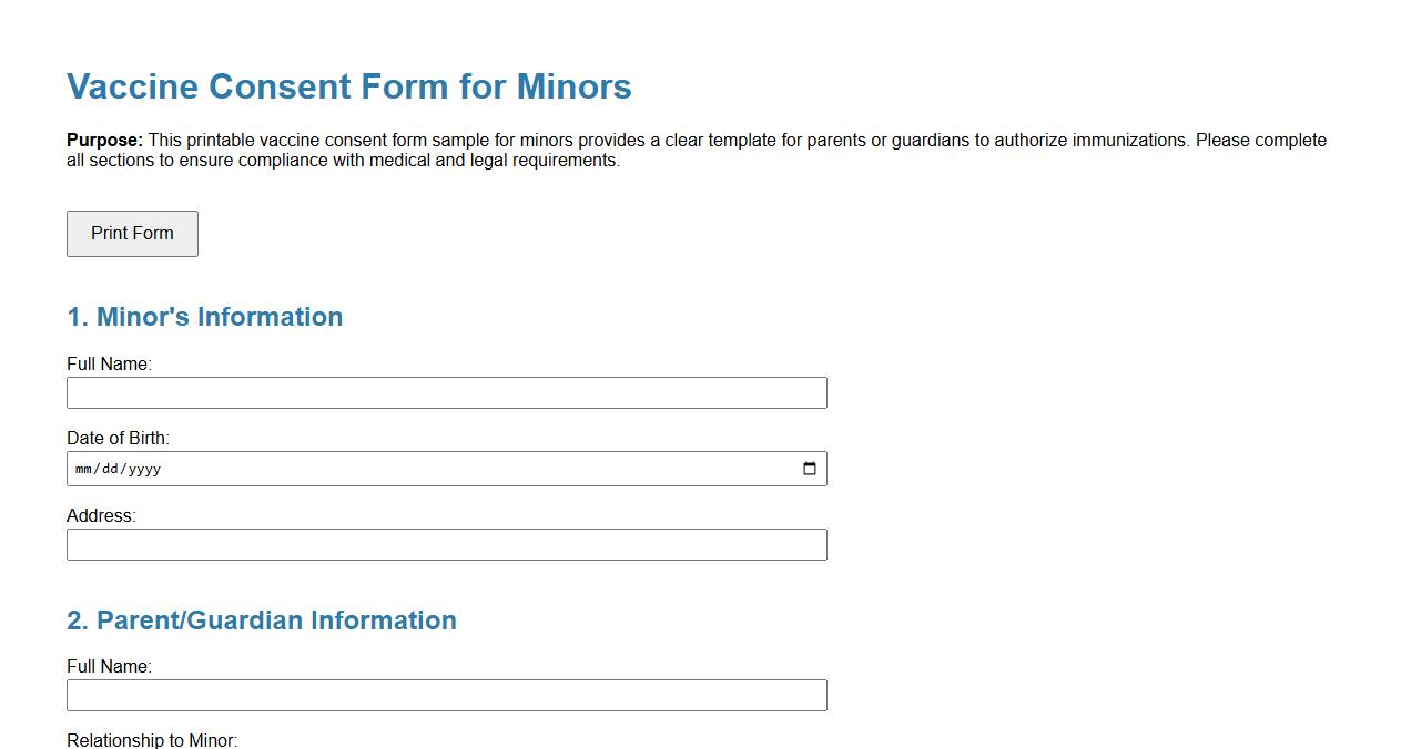 Printable vaccine consent form sample for minors image preview