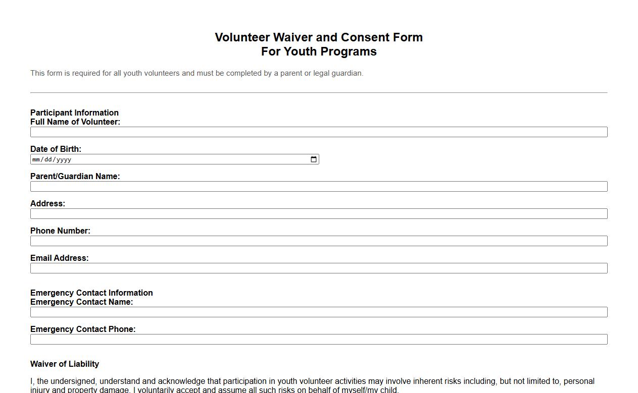 printable volunteer waiver form sample for youth programs image preview