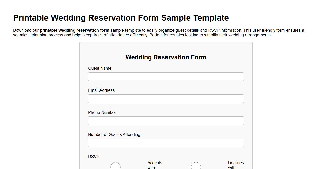 Printable wedding reservation form sample template image preview