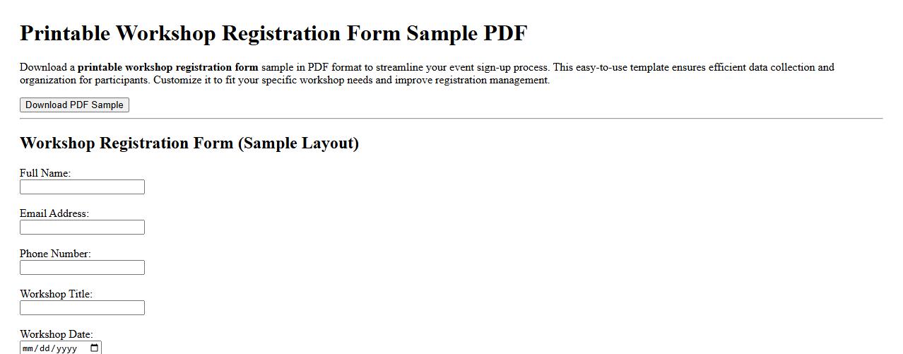 Printable workshop registration form sample PDF image preview