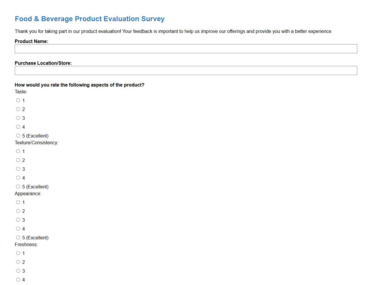 product evaluation survey form sample for food and beverage industry image preview
