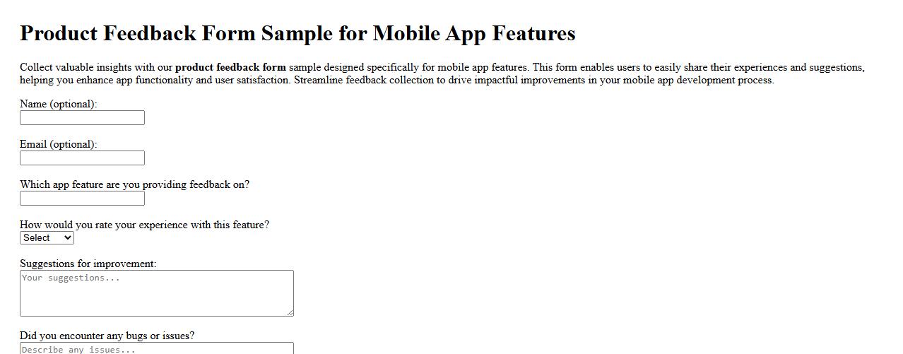 Product feedback form sample for mobile app features image preview