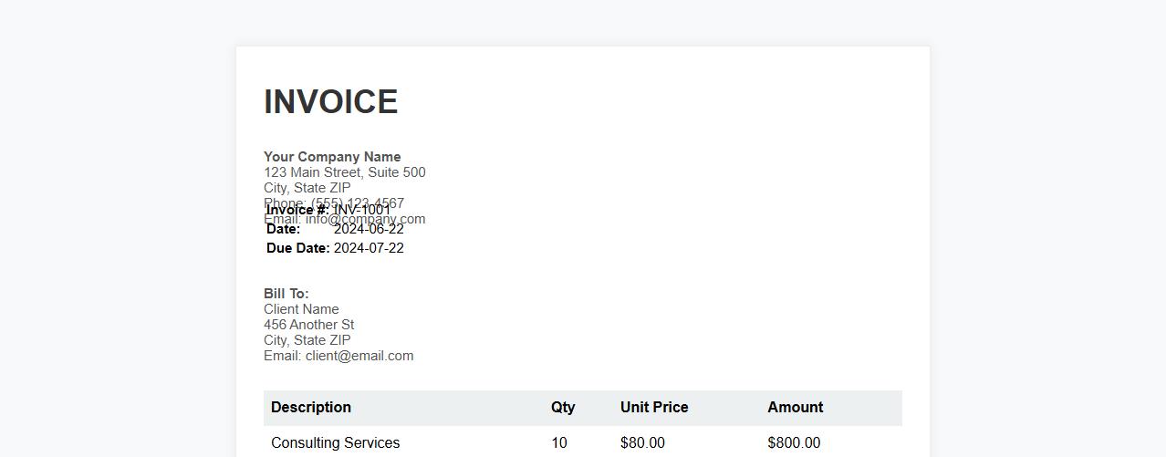 Professional invoice template with itemized billing sections image preview