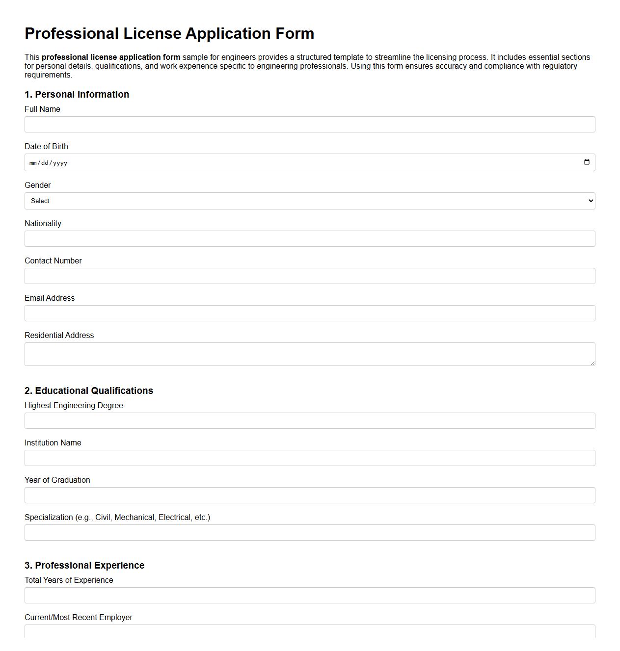Professional license application form sample for engineers image preview