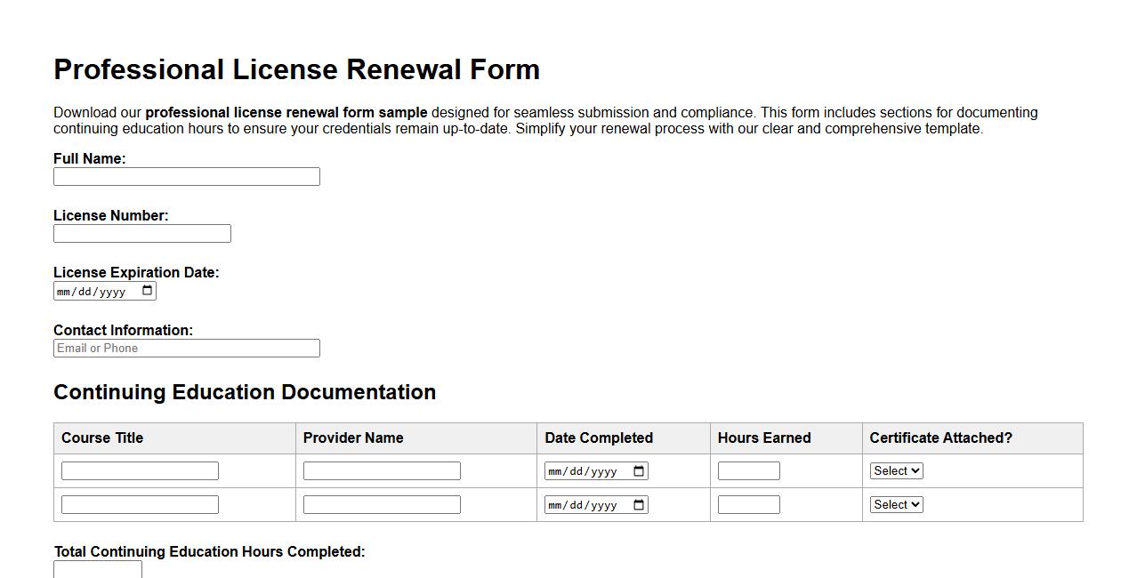 Professional license renewal form sample with continuing education image preview