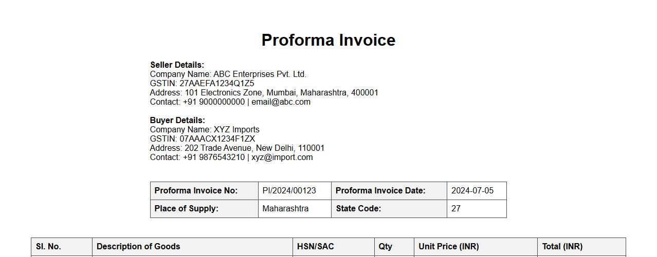 Proforma invoice sample with GST details image preview