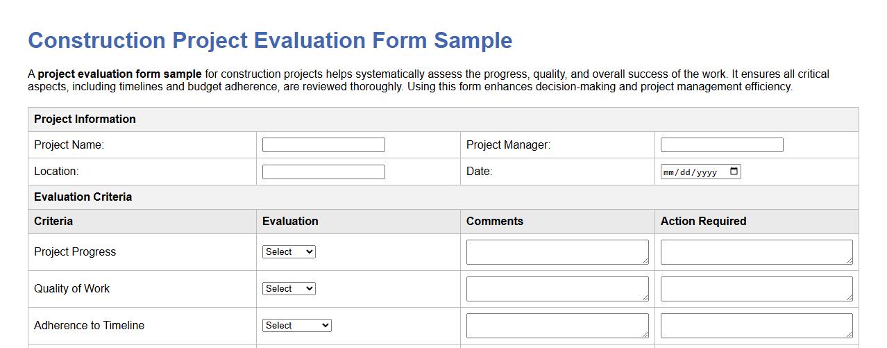 project evaluation form sample for construction projects image preview