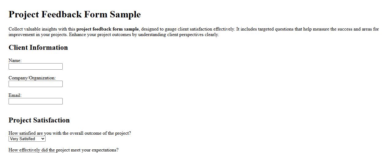 Project feedback form sample with client satisfaction questions image preview