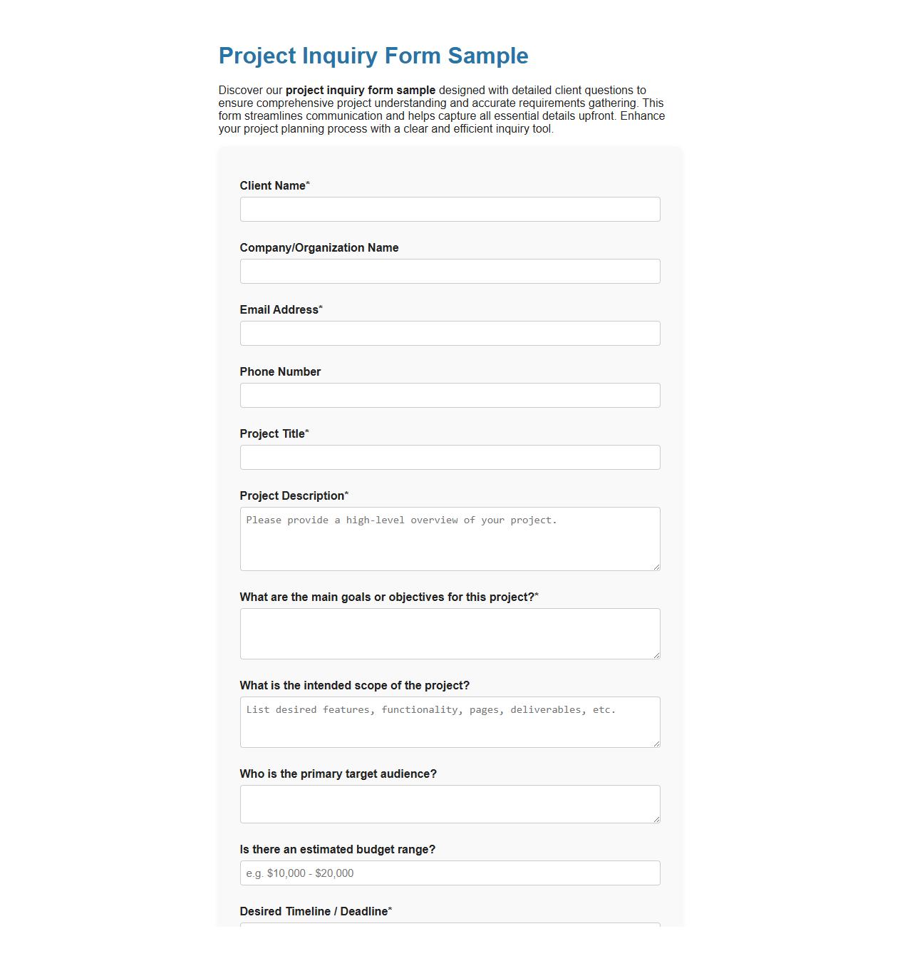 project inquiry form sample with detailed client questions image preview