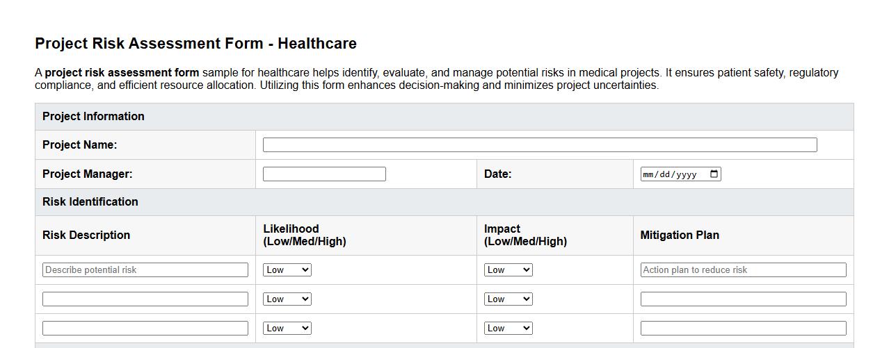 Project risk assessment form sample for healthcare image preview