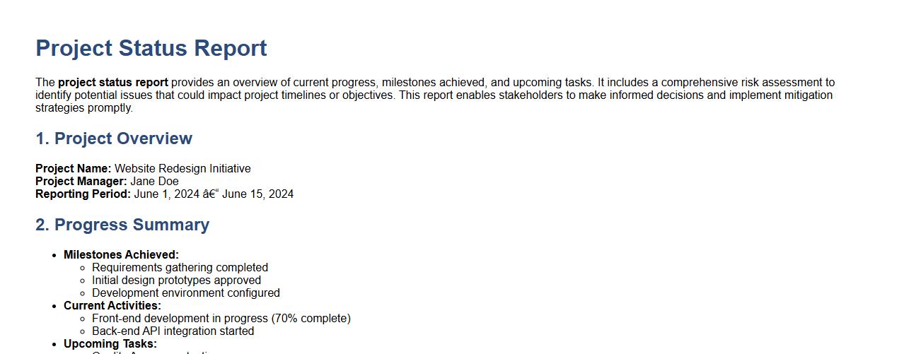 project status report with risk assessment image preview