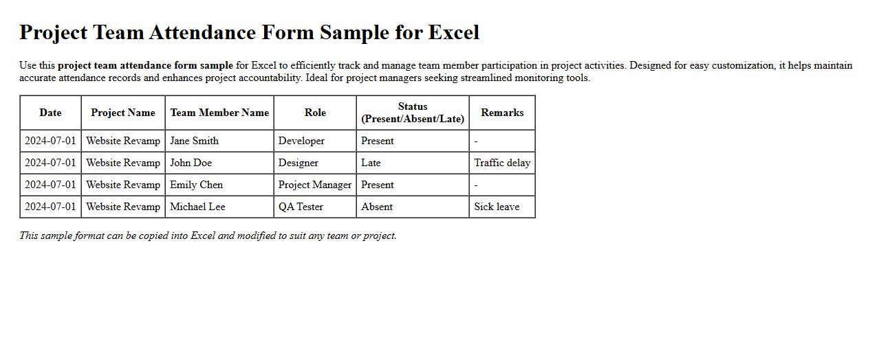 project team attendance form sample for excel image preview