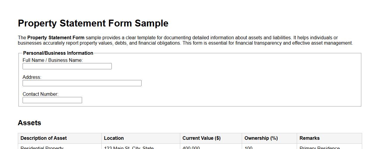 Property statement form sample with asset and liability details image preview