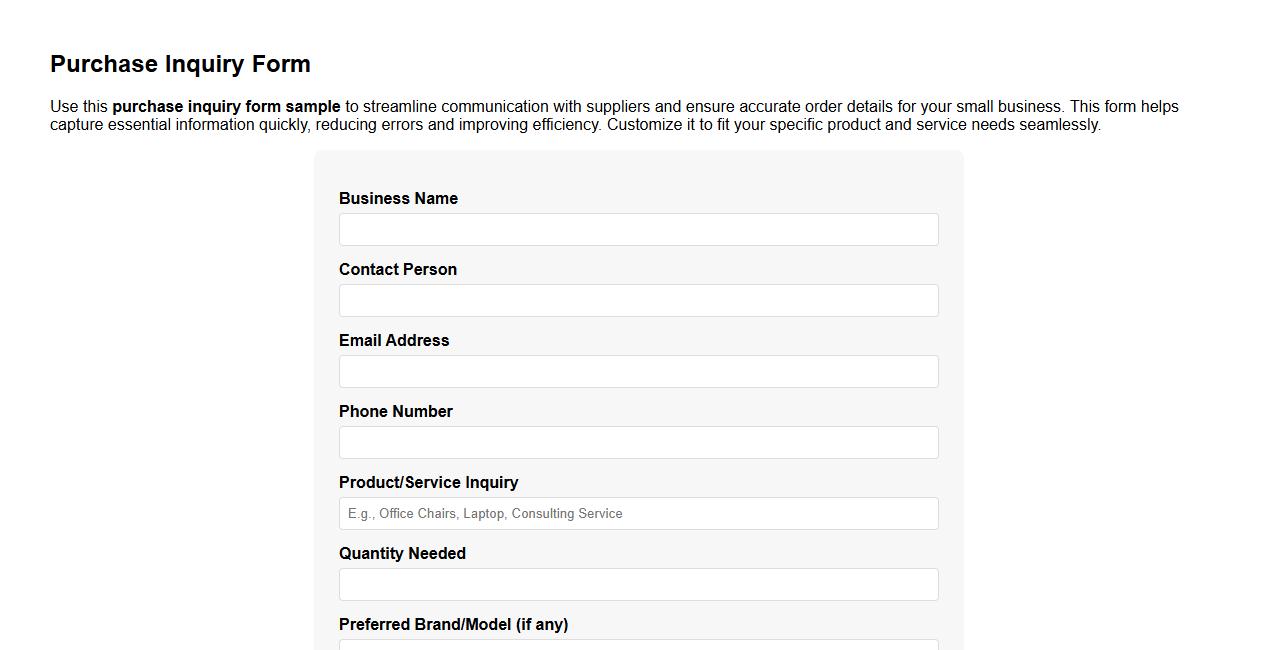 Purchase inquiry form sample for small business image preview