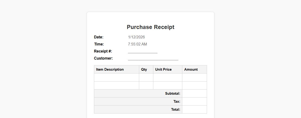 Purchase receipt template with automatic date and time image preview