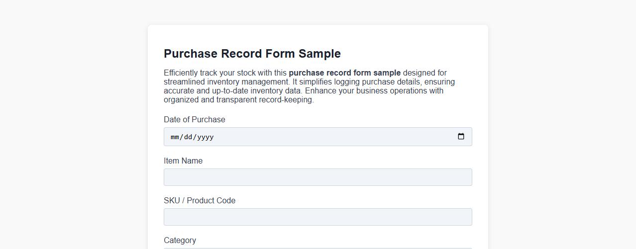 purchase record form sample for inventory management image preview